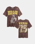 Two brown, vintage-style DayDreamer Willie Nelson Red Headed Stranger Tees. The front has yellow "Willie Nelson" text and a guitar graphic; the back reads bold "Texas 75" with a faded star—ideal for any outlaw country fan.