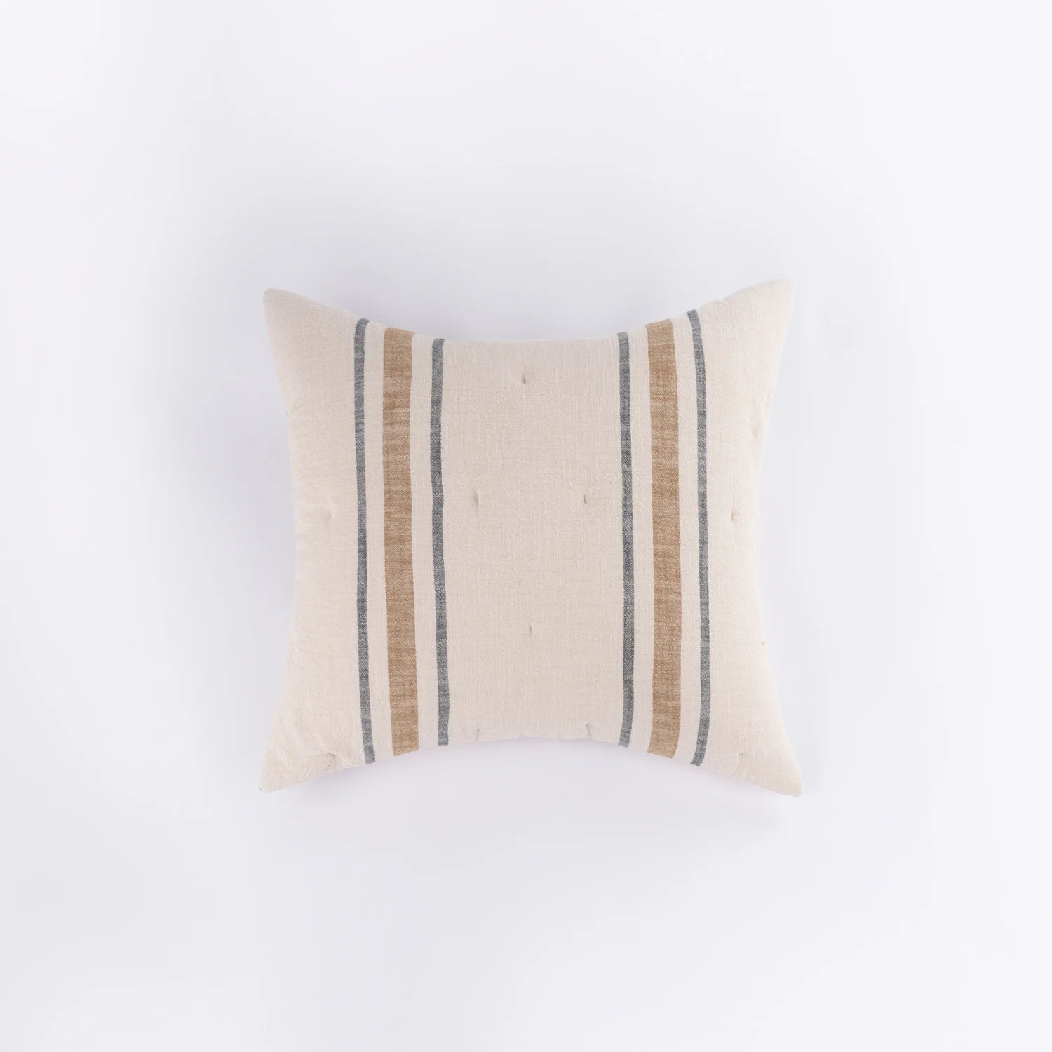The Collins Euro Sham by Amity Home features bold beige and gray stripes with tufted dots on cream cotton velvet, shown against a plain white background.