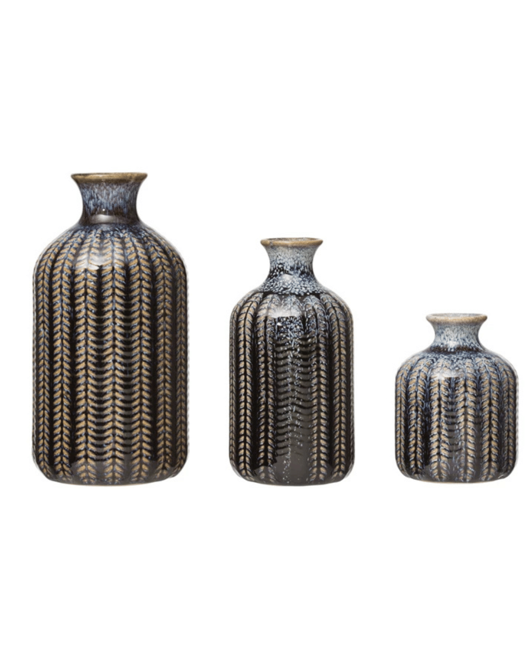 A trio of Creative Co-op Stoneware Vases, adorned with embossed dark brown and black patterns, are arranged by size from tallest to shortest. Each showcases a narrow neck and glossy reactive glaze finish.