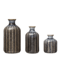 A trio of Creative Co-op Stoneware Vases, adorned with embossed dark brown and black patterns, are arranged by size from tallest to shortest. Each showcases a narrow neck and glossy reactive glaze finish.