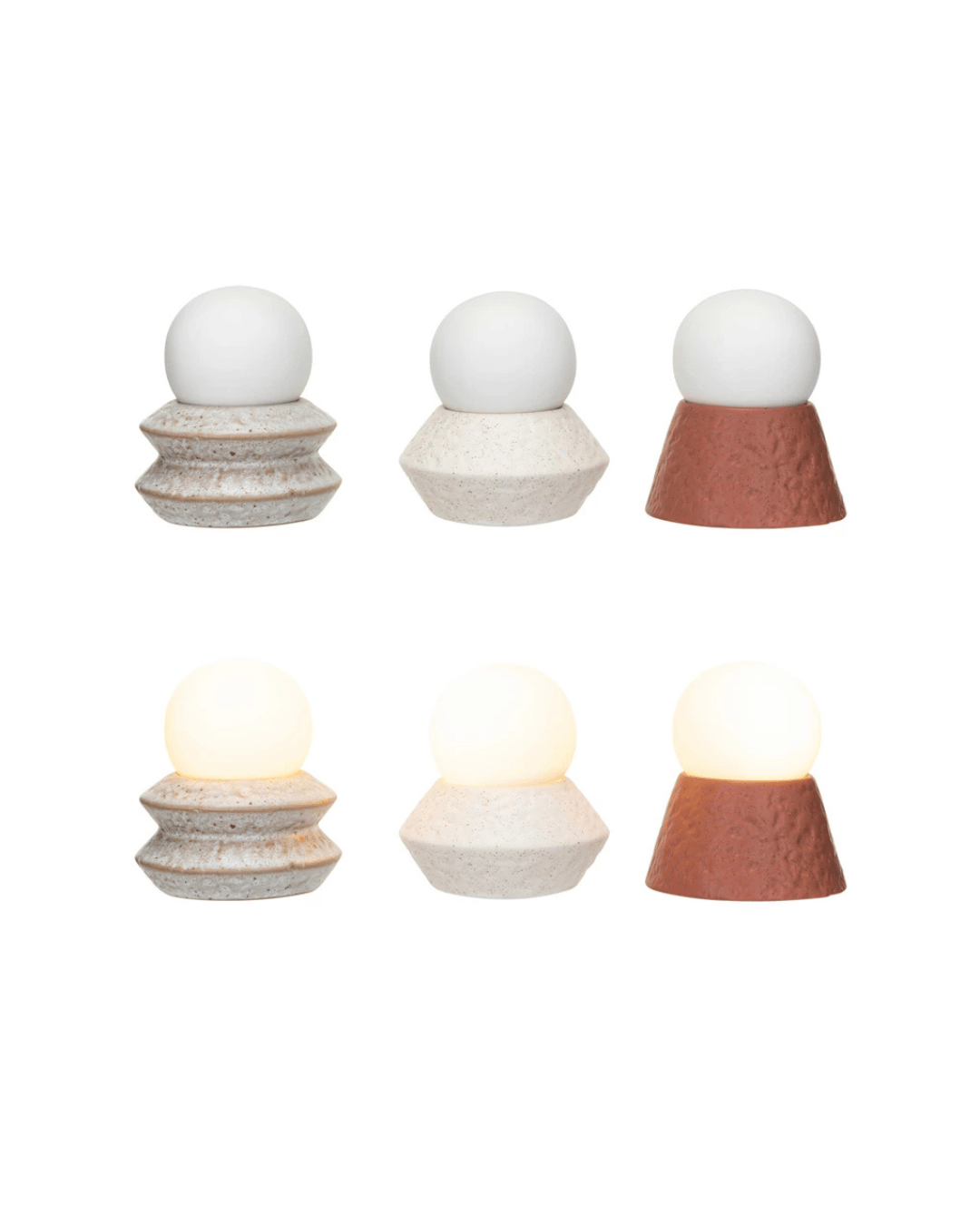 Creative Co-op's Stoneware LED Orb Lights feature six small table lamps with spherical white bulbs and textured bases in gray, white, and terracotta. The top row displays unlit lamps, while the bottom row reveals a warm glow—ideal for enhancing colorful home decor.