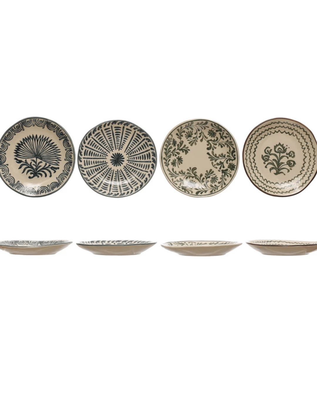 The Creative Co-op Floral Plate set includes six hand-painted stoneware plates, each with unique floral or geometric designs showcasing intricate black patterns on a beige background. The plates are beautifully arranged in a row for both top and side views.