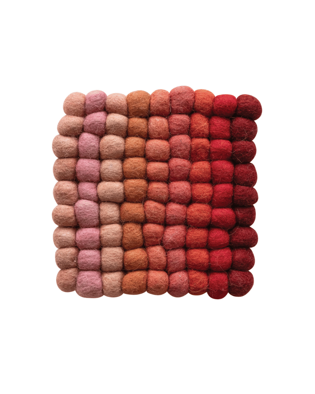 A grid of Creative Co-op Handmade Wool Felt Ball Trivets in varying shades of red, pink, and orange, arranged seamlessly to form a textured square pattern, isolated on a white background in Scottsdale Arizona.
