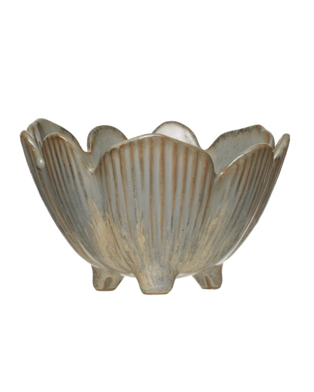 The Creative Co-op Flower Bowl is a porcelain piece featuring a scalloped, flower-like edge and ribbed texture in gray and beige tones. It elegantly accents any decor while being elevated on four small feet.