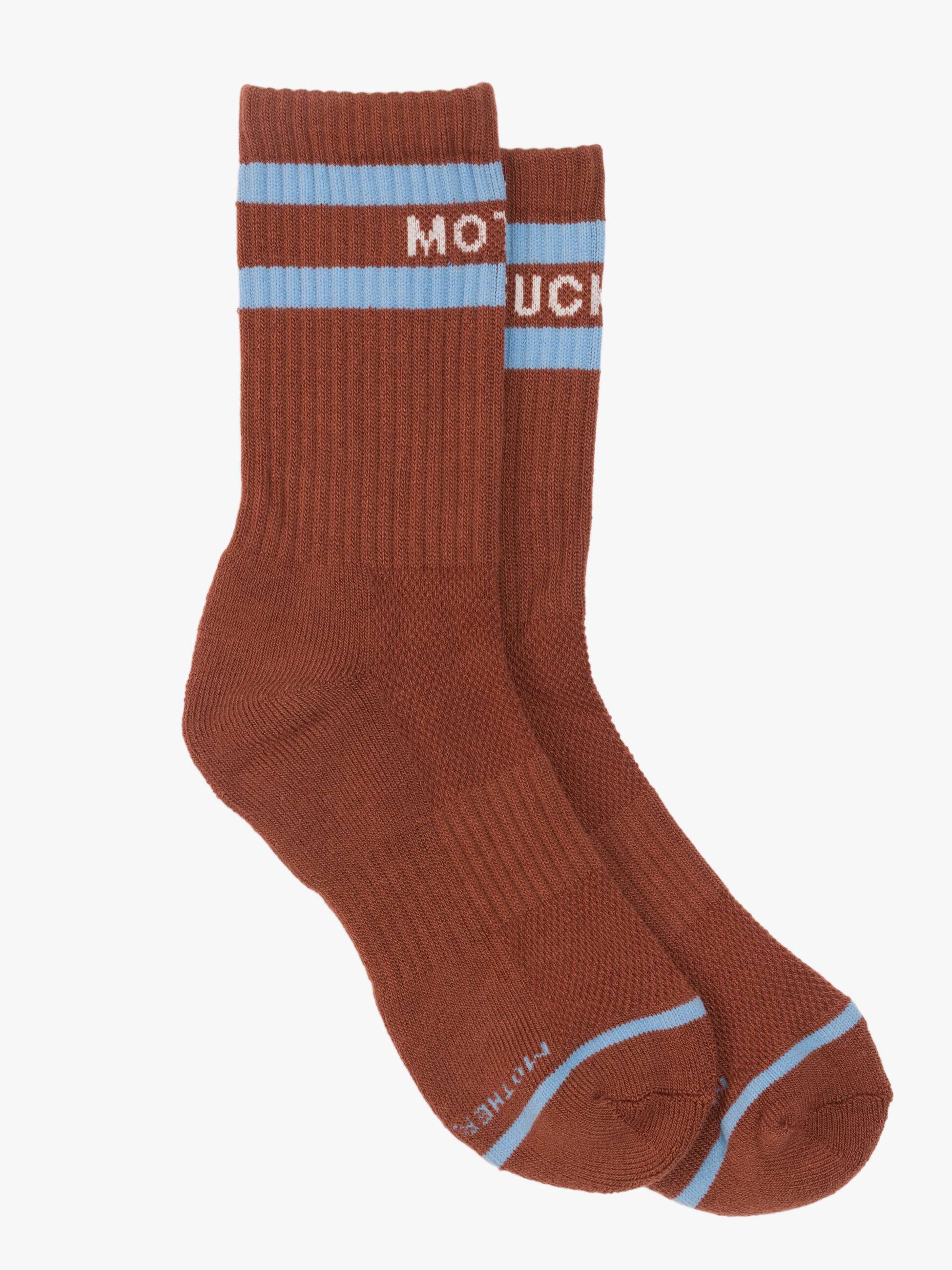 Brown vintage tube socks with blue stripes and white text near the top by Mother, shown on a white background.