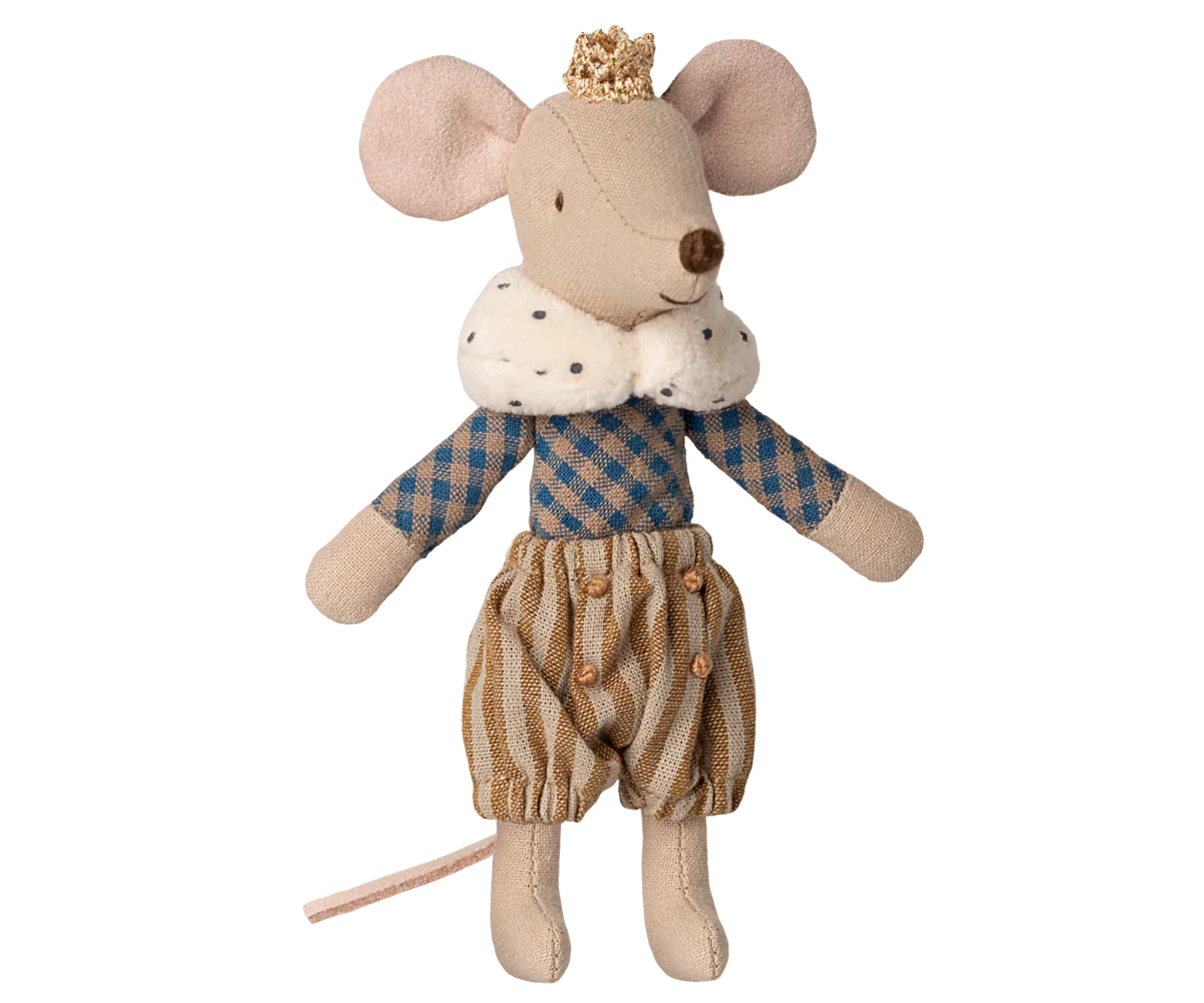 The Maileg Mouse by Maileg stands upright with a gold crown, blue and brown shirt, fluffy collar, striped brown pants, and visible tail—a delightful addition to any Maileg Mouse collection.
