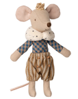 The Maileg Mouse by Maileg stands upright with a gold crown, blue and brown shirt, fluffy collar, striped brown pants, and visible tail—a delightful addition to any Maileg Mouse collection.