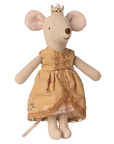 The Maileg Mouse by Maileg features a plush mouse wearing a gold crown and gold lace-trimmed dress, standing upright against a white background—an ideal addition to your Maileg Mice family collection.