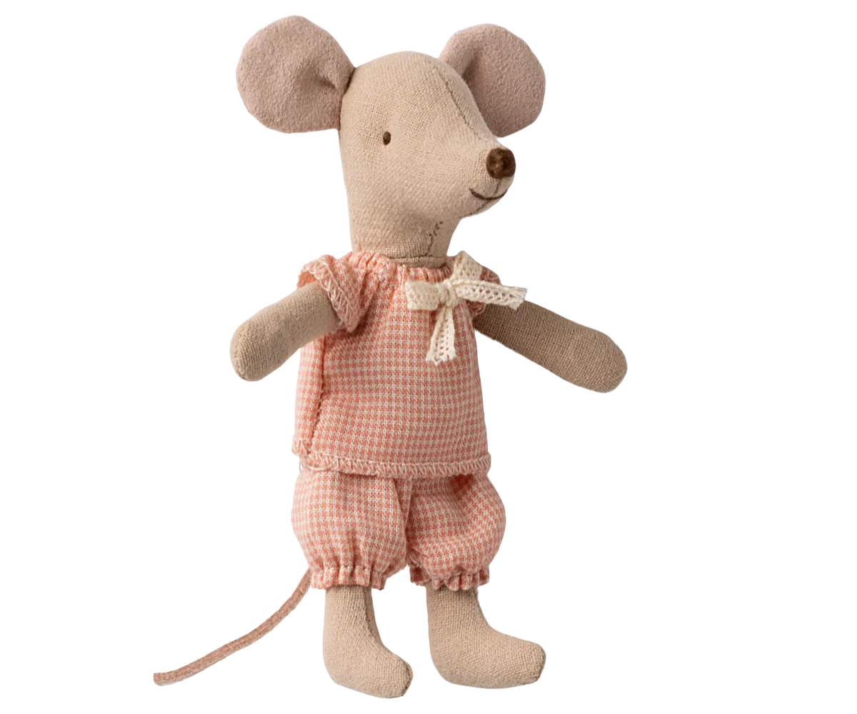 The Maileg Little Sister Mouse / Matchbox is a soft, plush toy from Maileg, dressed in pink and white checks with puffed shorts, a bow at the neck, magnetic hands, large ears, stitched smile, and a long tail.