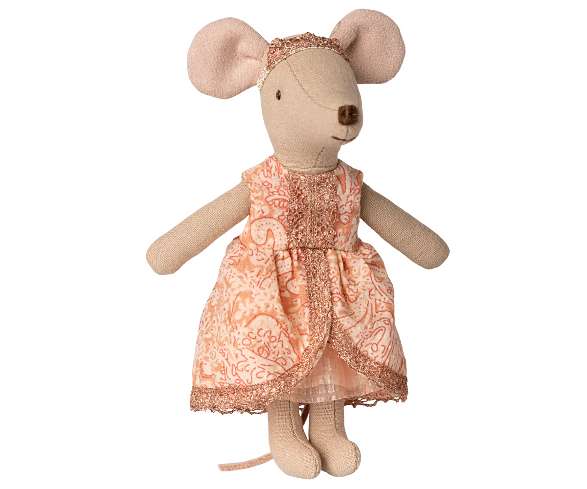 The Maileg Princess & the Pea / Big Sister plush toy from Maileg features a princess mouse in a pink and gold dress with matching headband—an enchanting addition to any Maileg or Princess and the Pea collection.