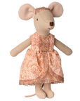 The Maileg Princess & the Pea / Big Sister plush toy from Maileg features a princess mouse in a pink and gold dress with matching headband—an enchanting addition to any Maileg or Princess and the Pea collection.