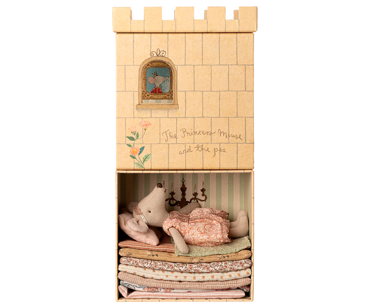 The Maileg Princess & the Pea / Big Sister set features a princess mouse atop stacked mattresses in a cardboard castle box, inspired by the classic fairy tale and crafted by Maileg.