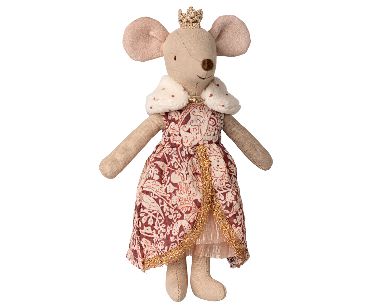 The Maileg Mouse by Maileg features a plush design with a gold crown, white fur-trimmed cape, and an ornate red and gold dress—a regal addition to your collection.