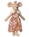 The Maileg Mouse by Maileg features a plush design with a gold crown, white fur-trimmed cape, and an ornate red and gold dress—a regal addition to your collection.