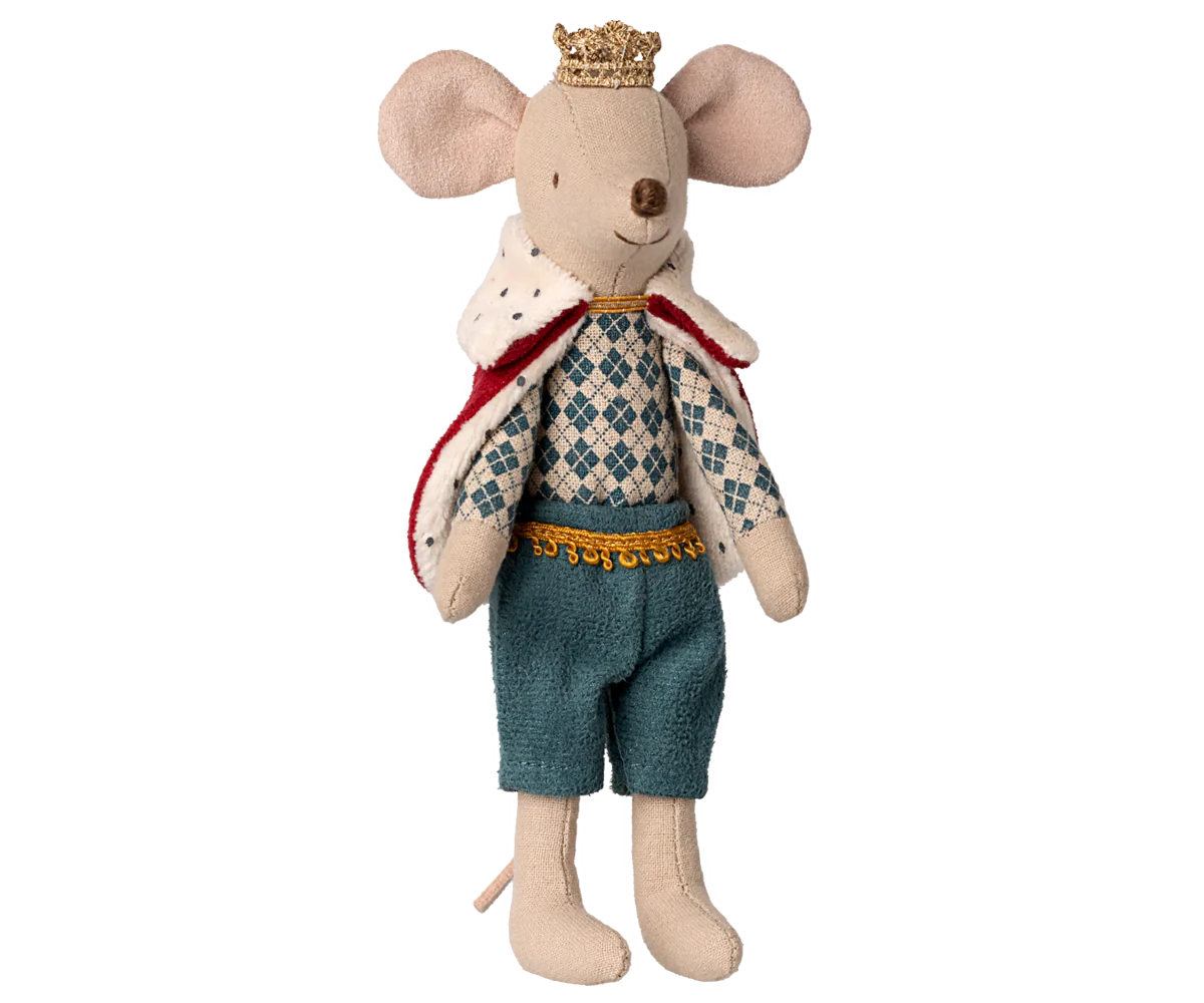The Maileg Mouse by Maileg stands upright, wearing a gold crown, red and white royal cape, patterned shirt, and teal shorts—perfect for adding to any mice family collection.