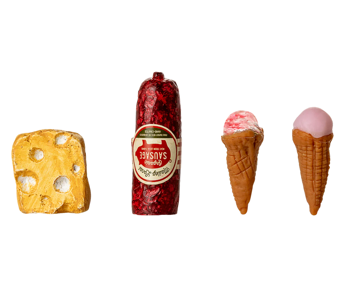A block of Swiss cheese, a wrapped sausage, and two pink-topped ice cream cones are displayed side by side—perfect treats for the Maileg Fridge by Maileg.