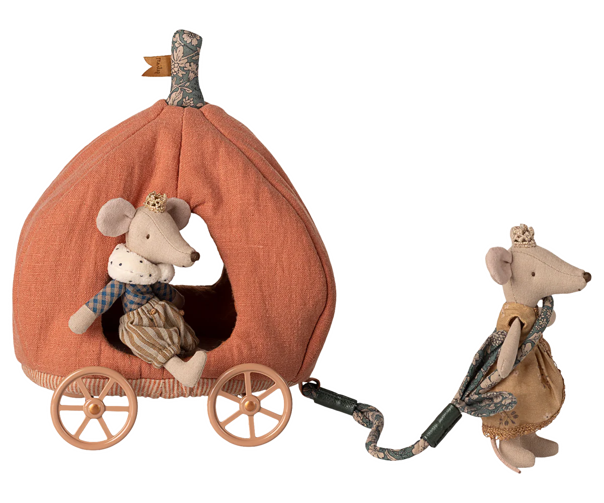 The Maileg Pumpkin Carriage by Maileg features two royal mice—one pulling a plush pumpkin carriage while the other rides inside—bringing fairytale adventures to life and making it a magical addition to any castle playset.