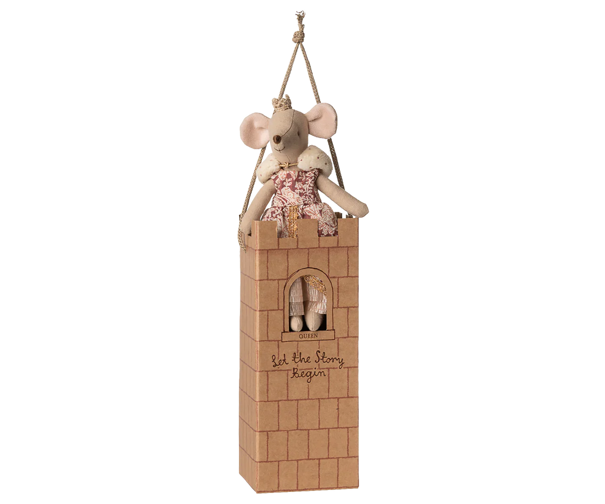 The Maileg Royal Mouse by Maileg sits atop a cardboard castle tower with a window and "Let the story begin" text. Hanging by a rope, this charming piece is ideal for collectors of royal mice and enchanting mouse figurines.