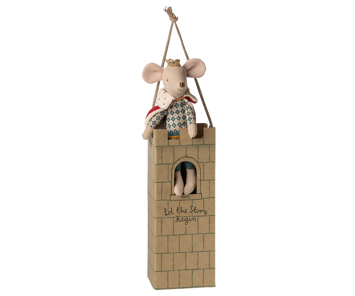 The Maileg Royal Mouse by Maileg, wearing a crown, sits in a brick-patterned cardboard castle with “Let the story begin” on front—a charming gift for mouse figurine collectors and fans of magical tales.