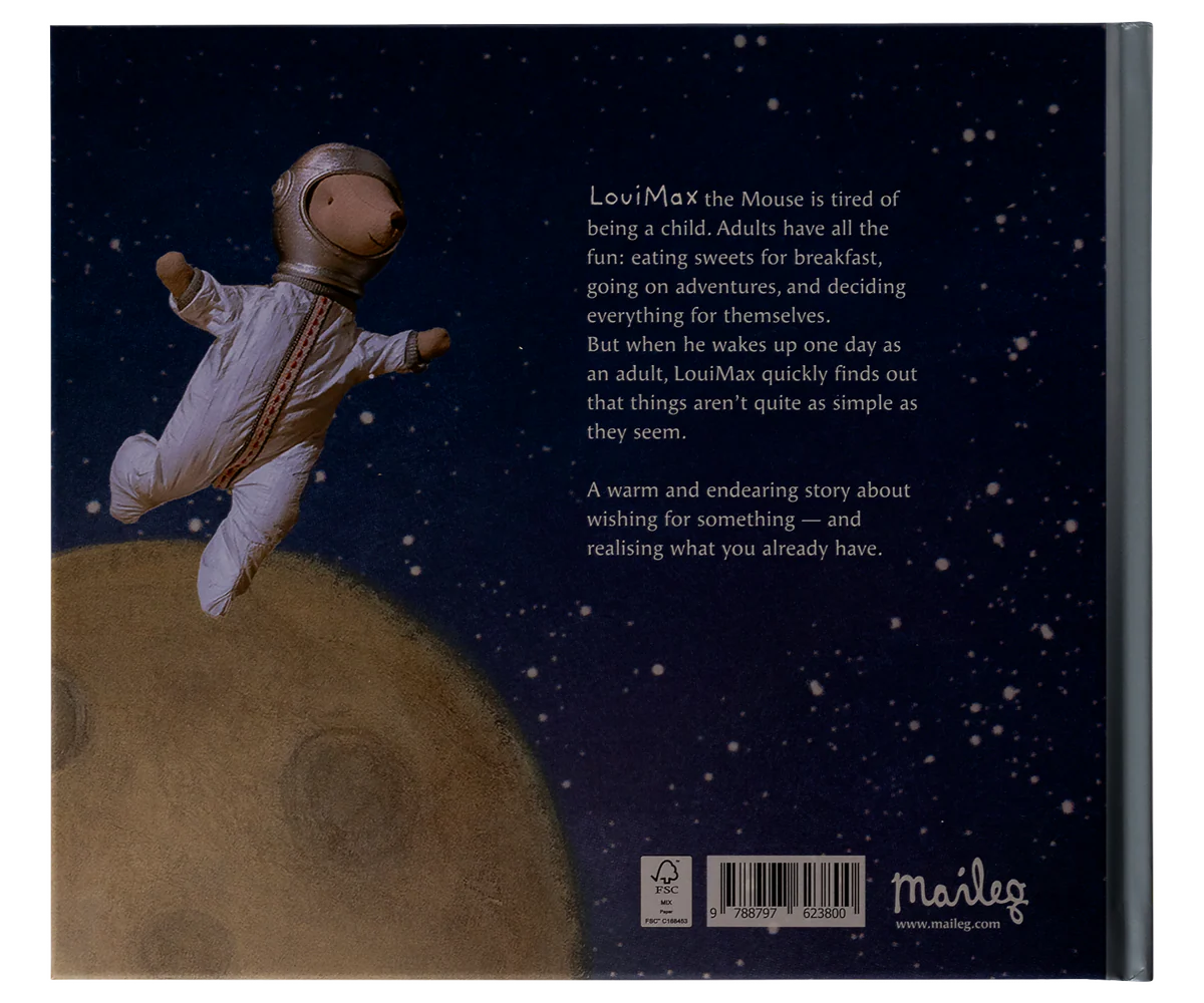 A toy mouse in a white spacesuit stands on a yellow moon under a starry sky, promoting the Maileg LouiMax Book—a children’s story of growing up and self-discovery. The Maileg logo appears in the bottom right corner.
