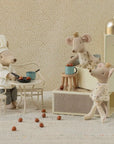 Miniature Maileg café set with mice, nuts, cups, stove, and fridge; whimsical kitchen play by Maileg.