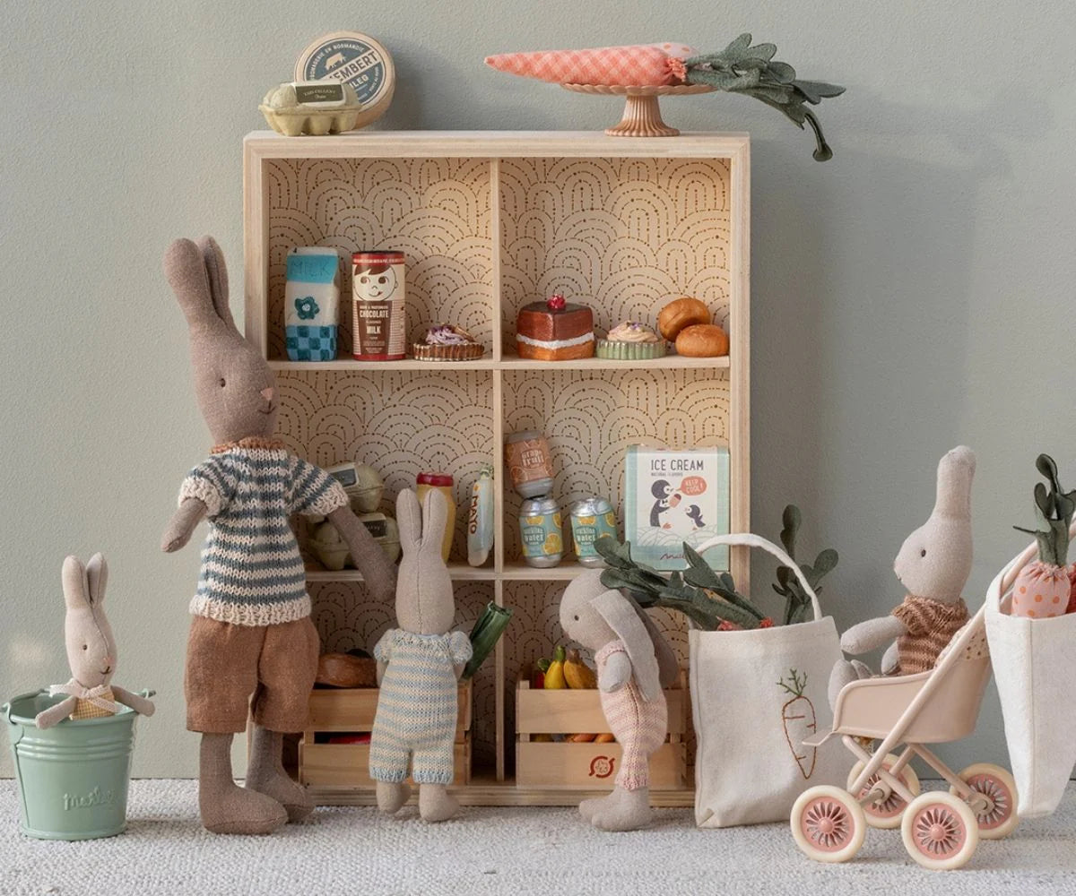 Miniature grocery items in a box by Maileg, perfect for kids’ pretend play kitchens or toy shops.