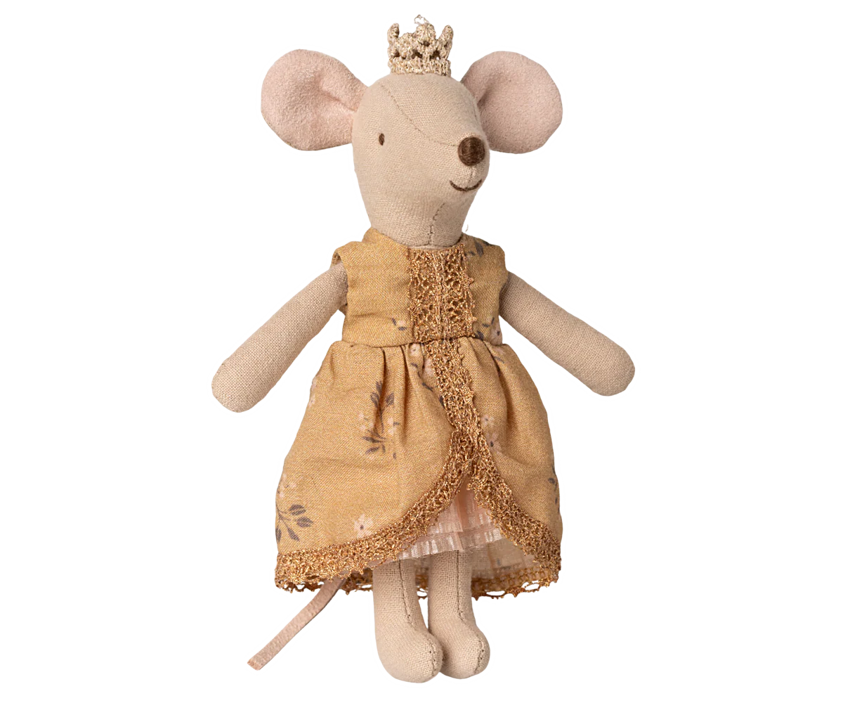 The Maileg Royal Mouse by Maileg stands upright, dressed as a queen in a gold crown and lace-trimmed gold dress, resembling an elegant mouse figurine against a white background.
