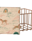 Metal wire mini playpen with whimsical horse cushion by Maileg, features rainbows and trees for playful décor.