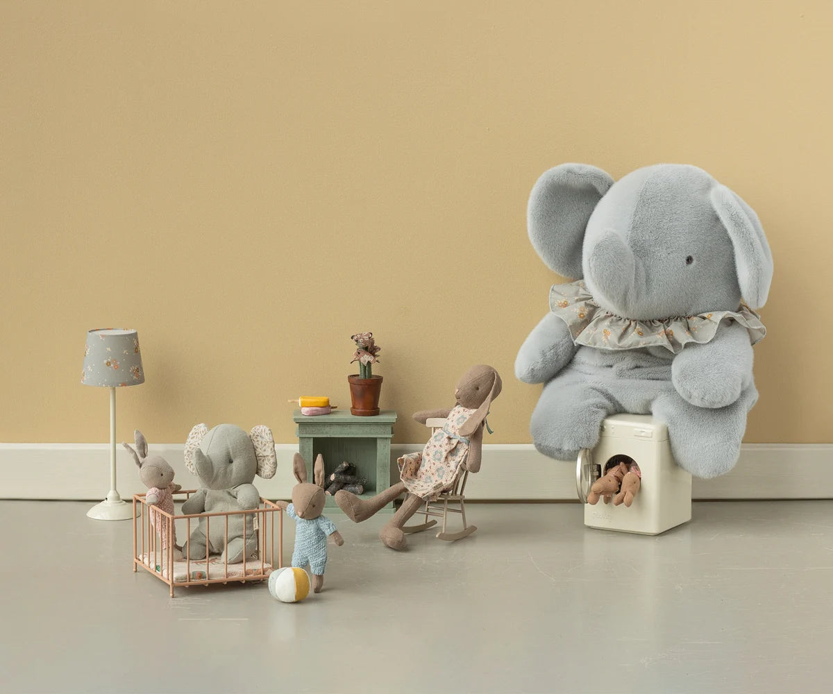 Maileg Micro Playpen with miniature bunnies, styled in a cozy nursery setting by Bungalow Furniture &amp; Accessories.