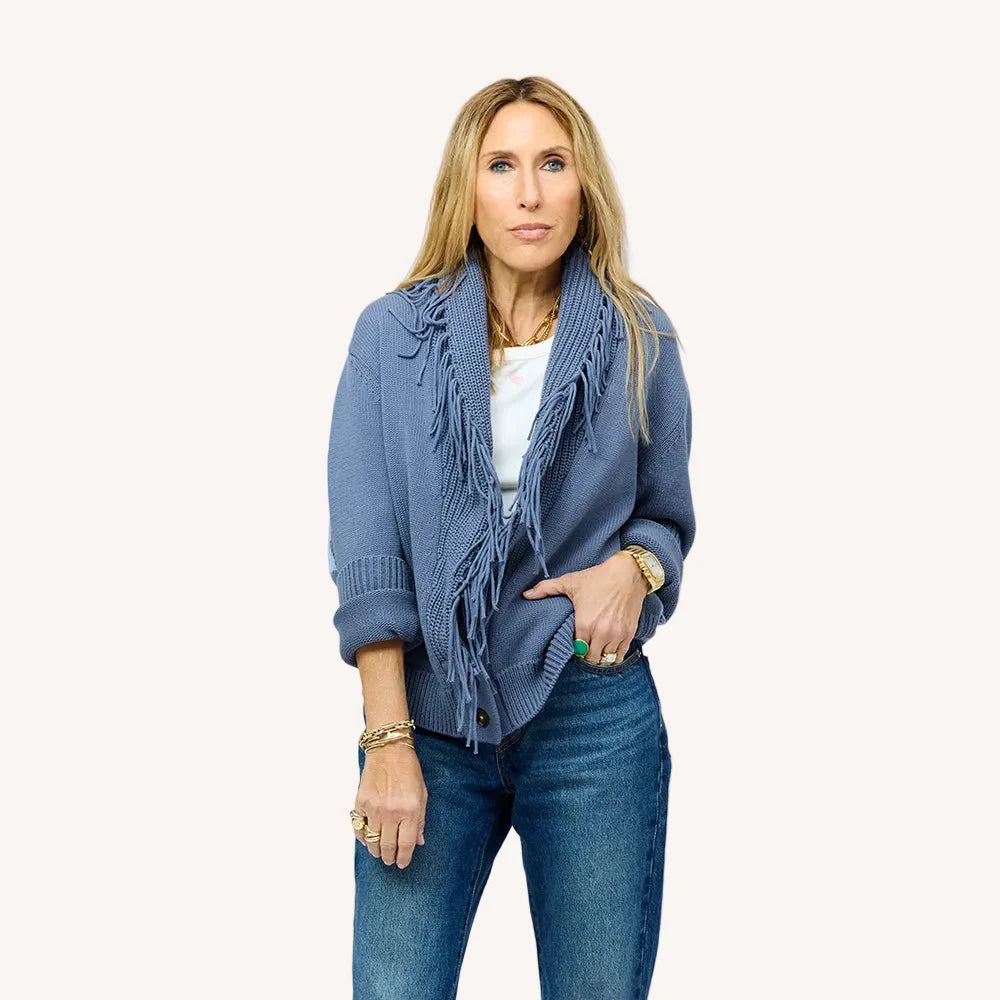 Cotton fringe shawl collar cardigan by Kerri Rosenthal, styled with jeans on a white background.