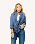 Cotton fringe shawl collar cardigan by Kerri Rosenthal, styled with jeans on a white background.