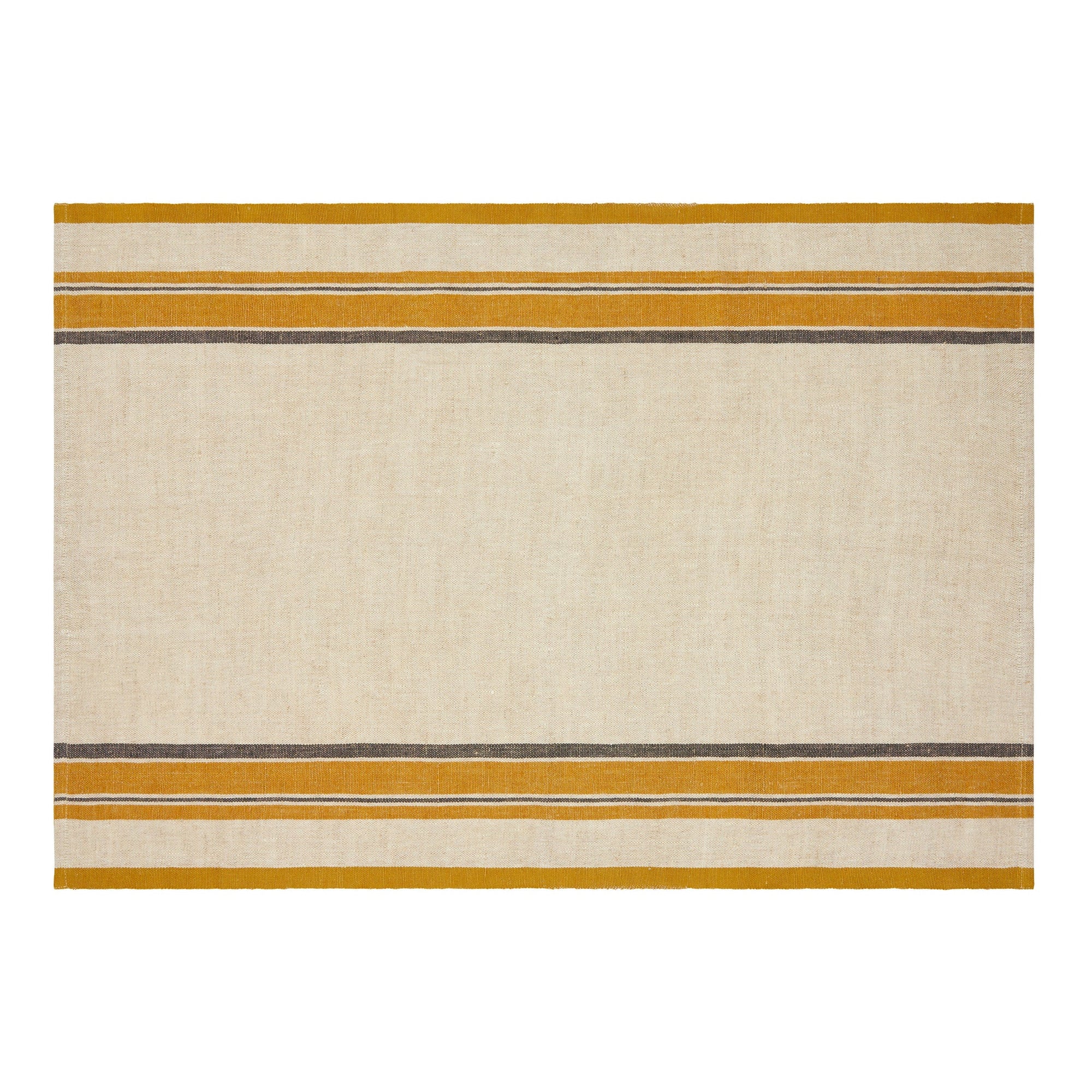The Antibes Natural Towels Set-2 by Caravan features a rectangular beige design with mustard yellow and brown stripes on the top and bottom edges, inspired by classic French country tea towels, shown against a white background.