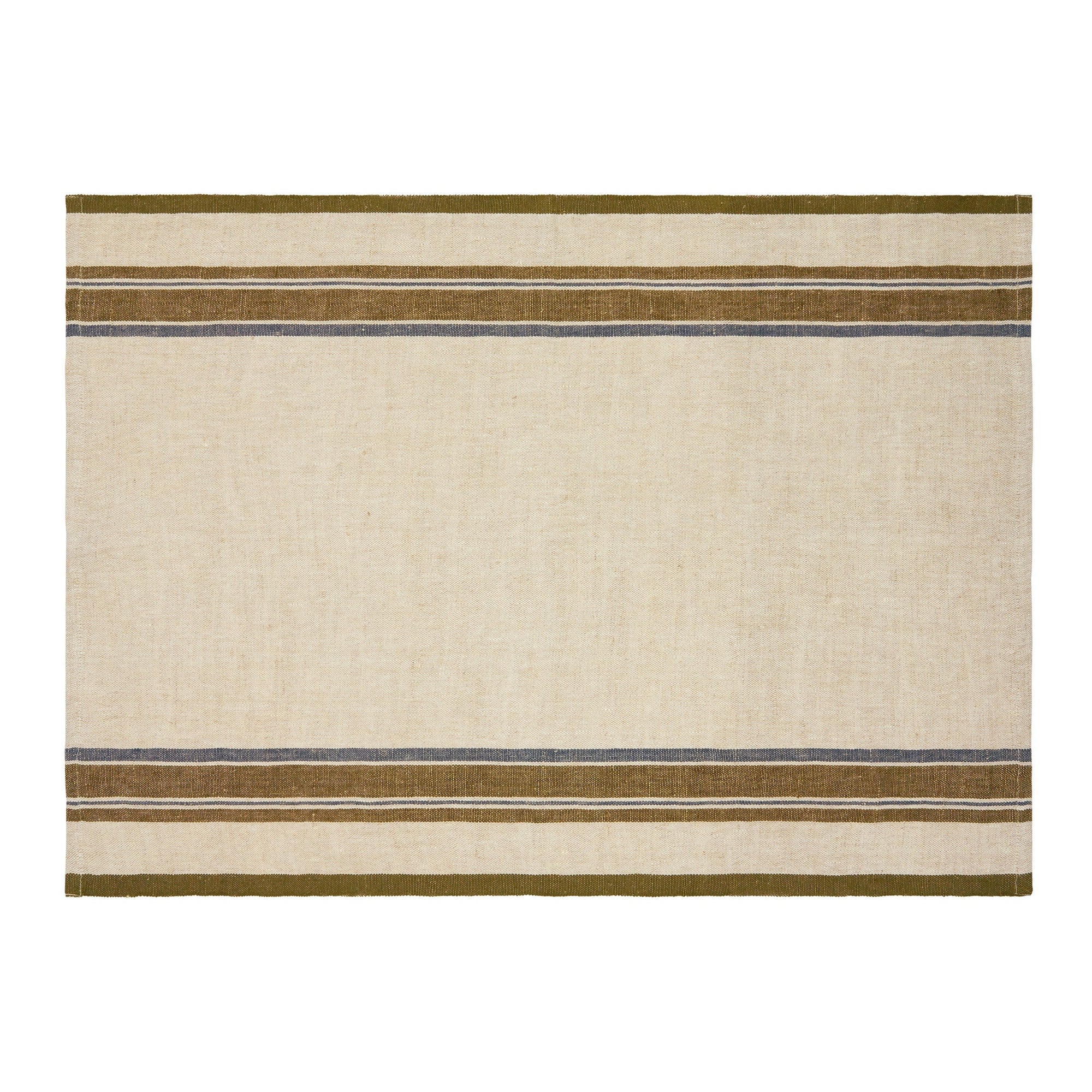 The Caravan Antibes Natural Towels Set-2 features a rectangular beige design with two sets of parallel brown and gray stripes near the edges, inspired by classic French country tea towels.