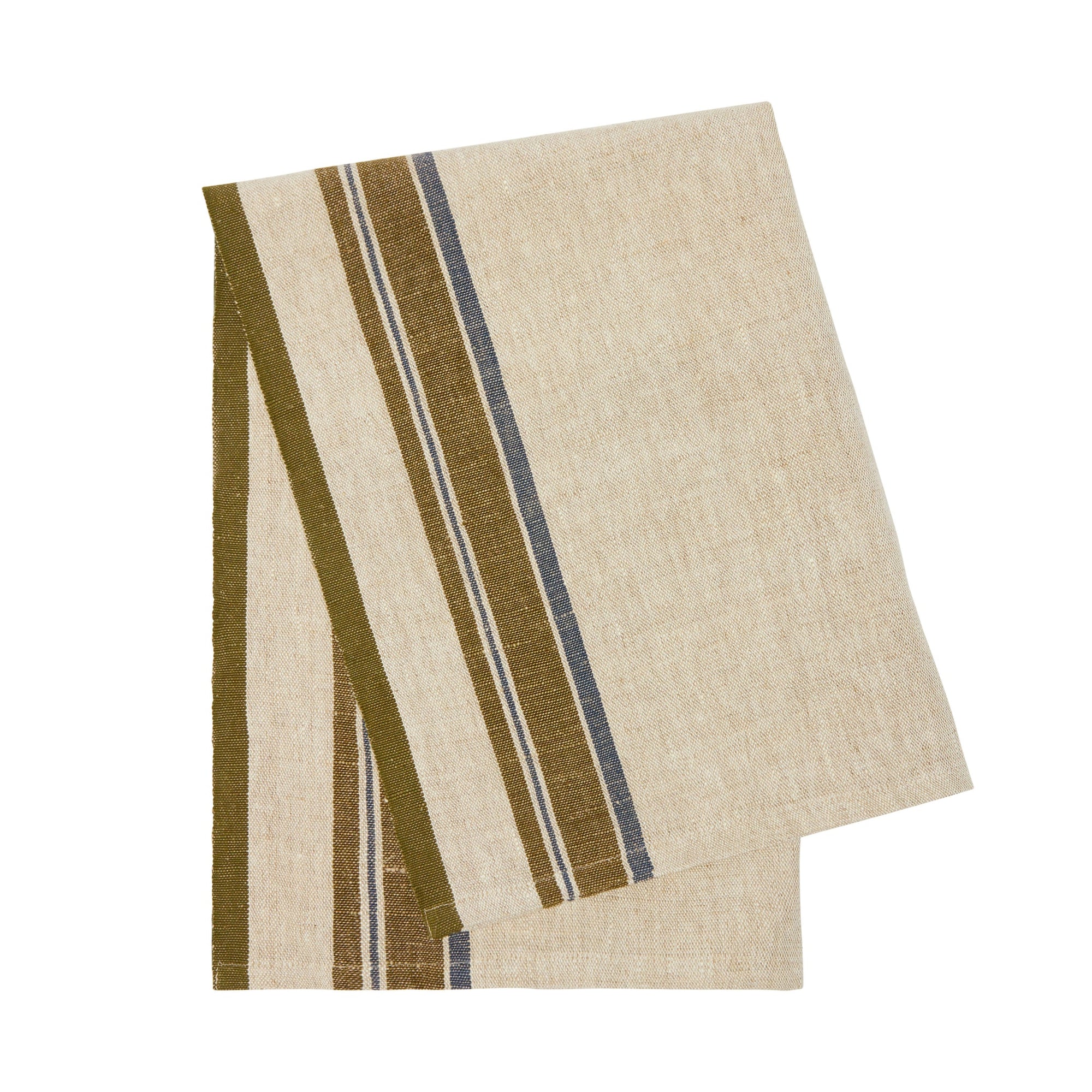 A set of two Antibes Natural Towels by Caravan, folded to show beige fabric with vertical olive green and dark blue stripes on one side, displayed against a white background.