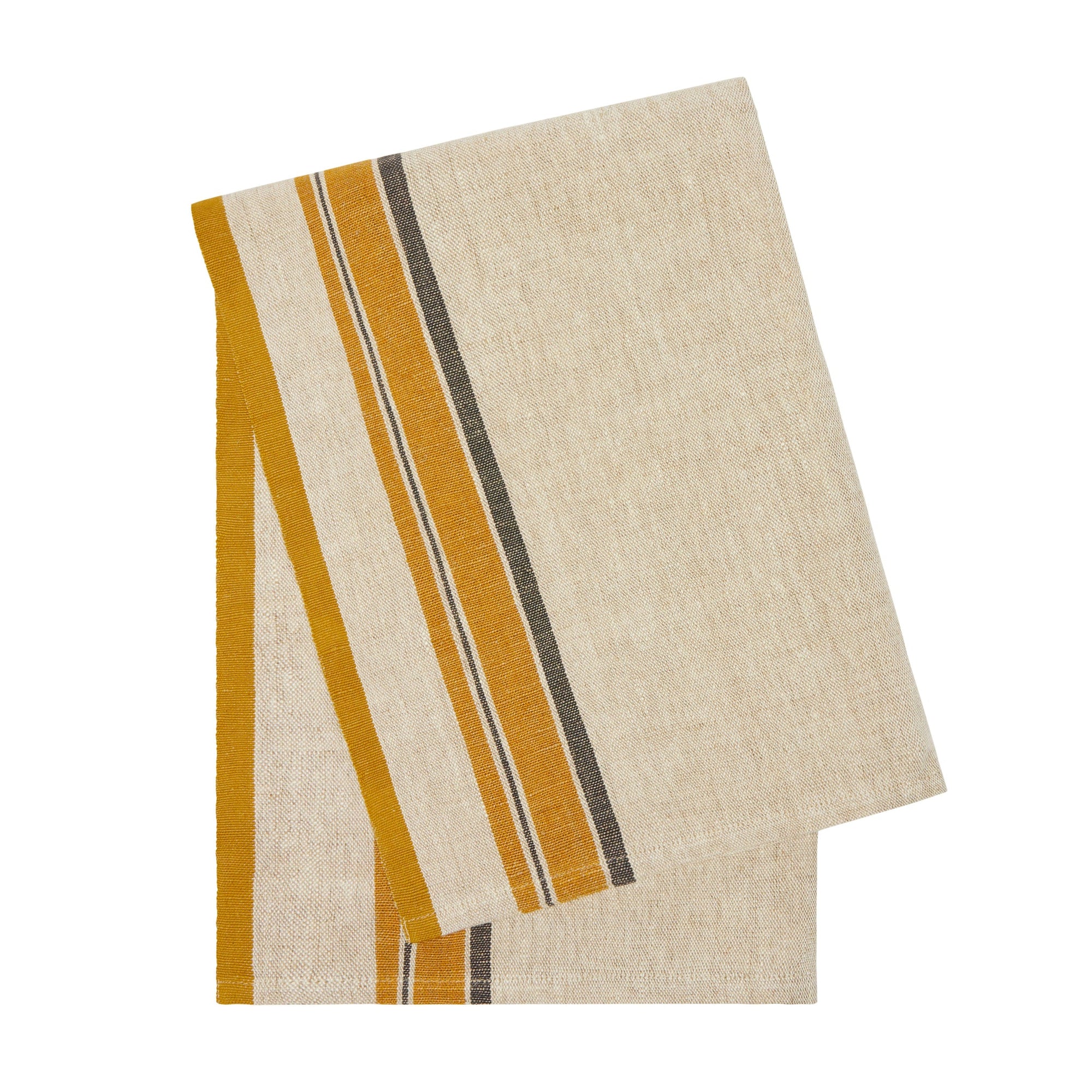 A set of two Antibes Natural Towels by Caravan, featuring beige linen with mustard yellow and dark brown stripes near one edge, neatly folded on a white background.
