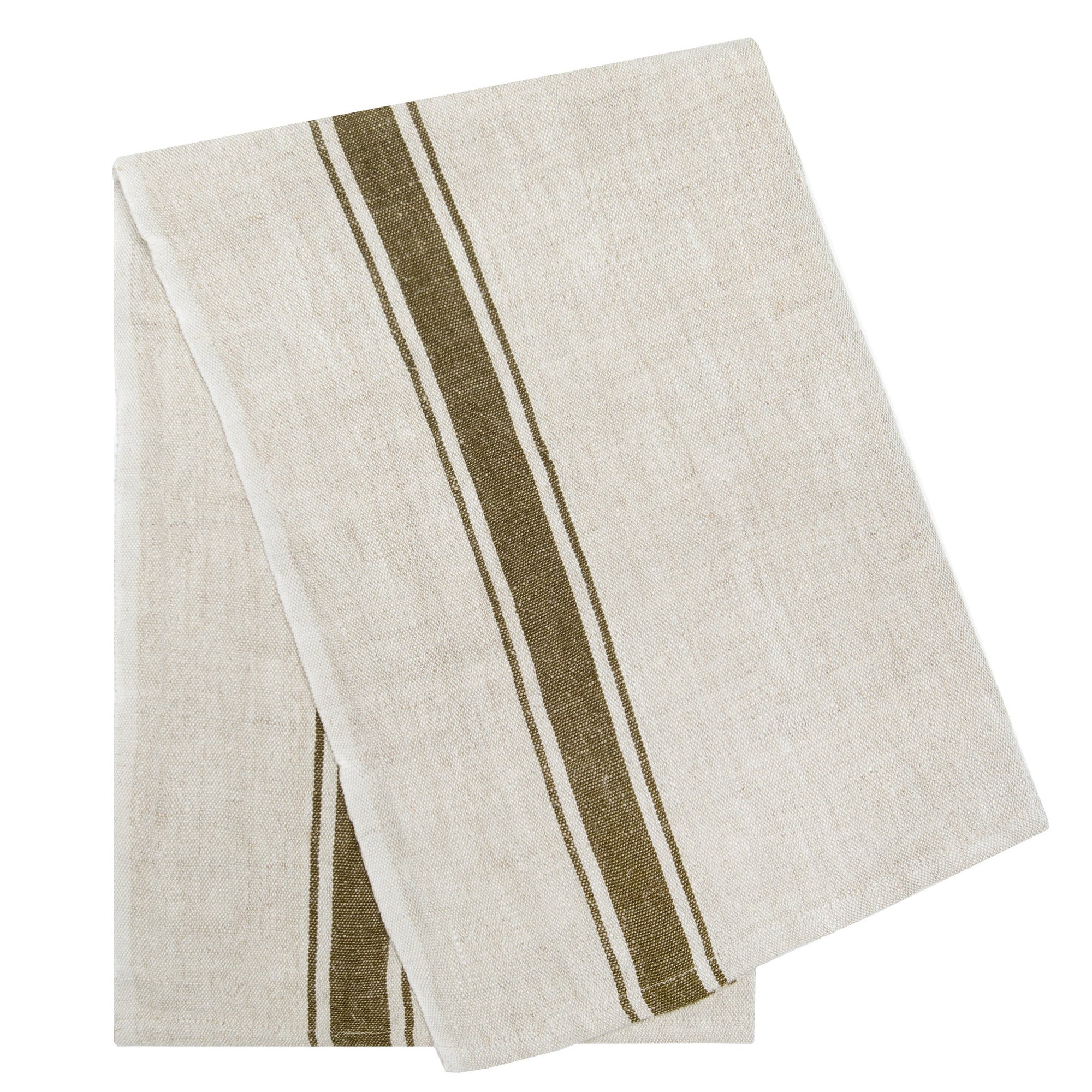 The Caravan Marseille Linen Towel Set-2 features folded beige towels with dual dark green stripes, ideal for bringing a rustic accent to your kitchen.