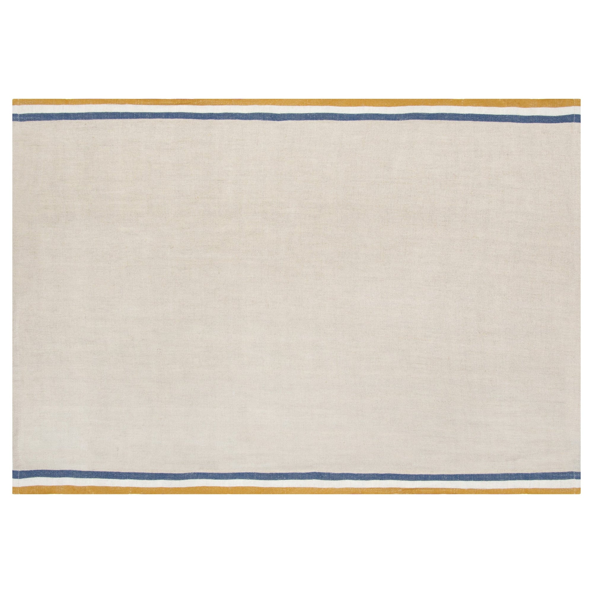The Caravan Normandy Natural Towel Set-2 features rectangular beige cloth placemats with a simple border of a thin blue stripe and thicker gold stripe, inspired by classic French kitchen towels, along the top and bottom edges.