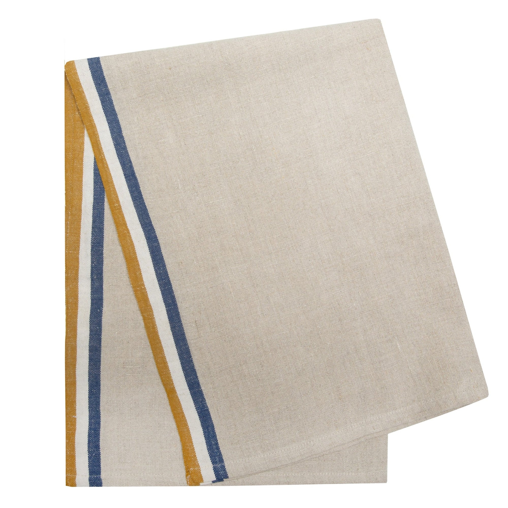 The Caravan Normandy Natural Towel Set-2 features folded beige linen towels with vertical mustard yellow and blue stripes along one edge, inspired by tricolor tea towels, displayed on a white background.