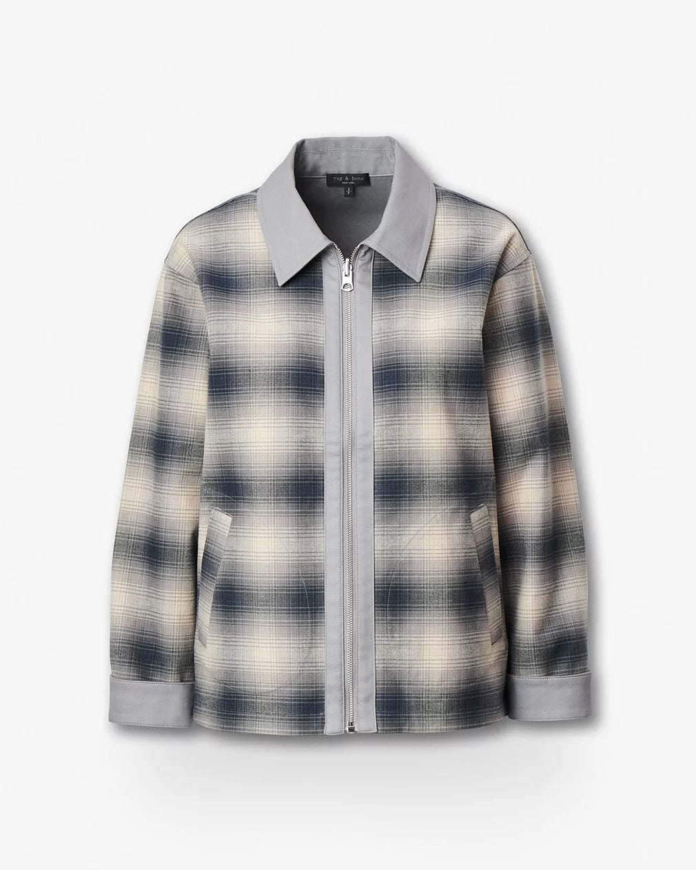 The Rag & Bone carrie reversible jacket is a lightweight women's plaid style with long sleeves, zip front, grey and cream pattern, and solid grey collar and cuffs—shown on a plain white background.