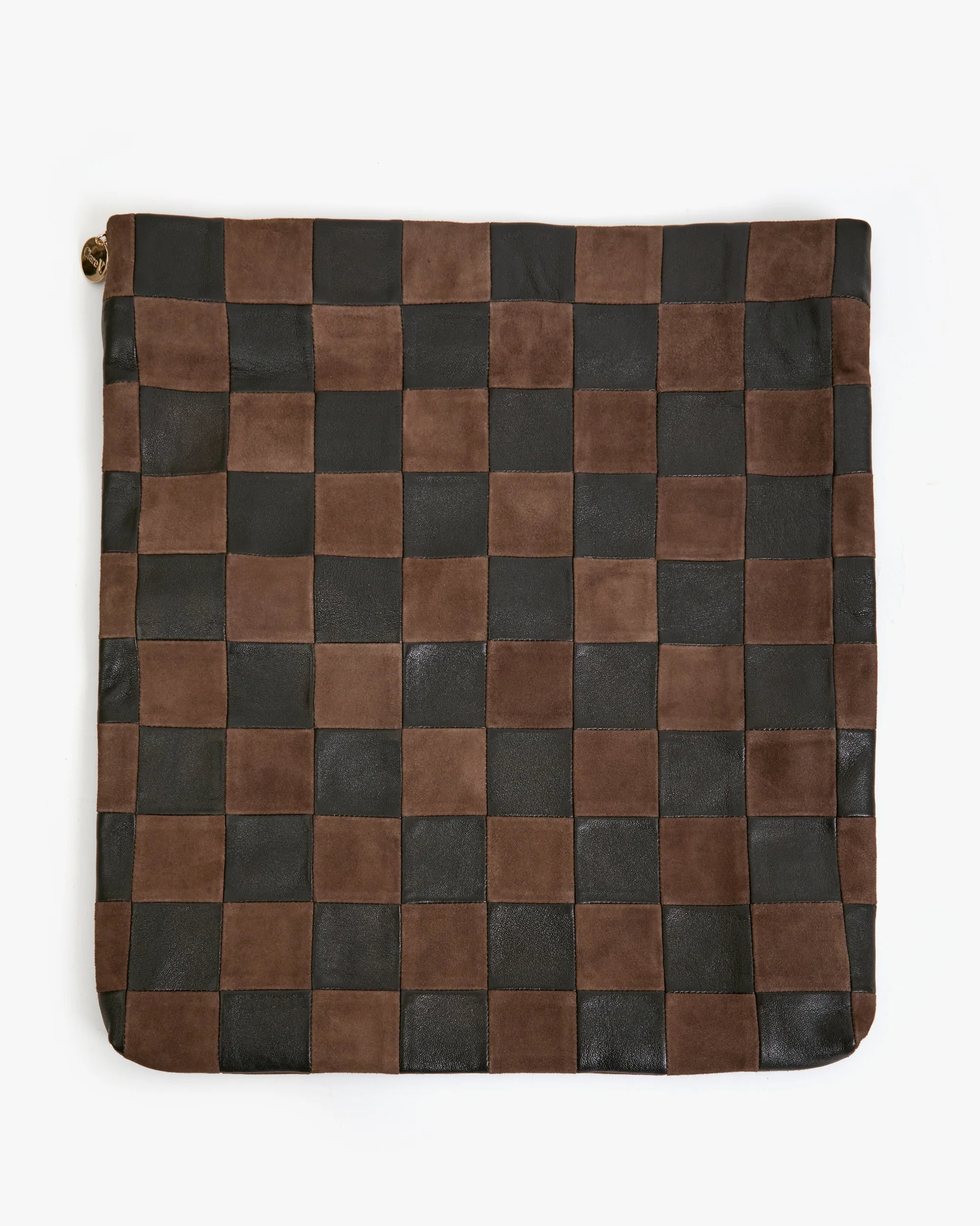 The Clare Vivier Carryall Clutch w/ Tabs is a large flat pouch with alternating brown and black leather squares in a checkerboard pattern, featuring a top left zipper closure and an interior zip pocket for convenient storage.