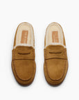 The Rag & Bone Carter Mule slip-on loafers, crafted from tan Italian-milled suede with visible stitching and soft cream shearling lining, are shown side by side on a white background.