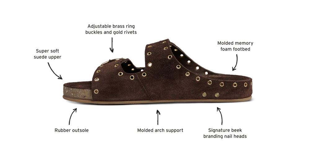 A side view of Beek's CEDAR brown suede slide sandal shows features like adjustable straps, soft suede upper, rubber outsole, molded arch support, memory foam footbed, and gold rivets.