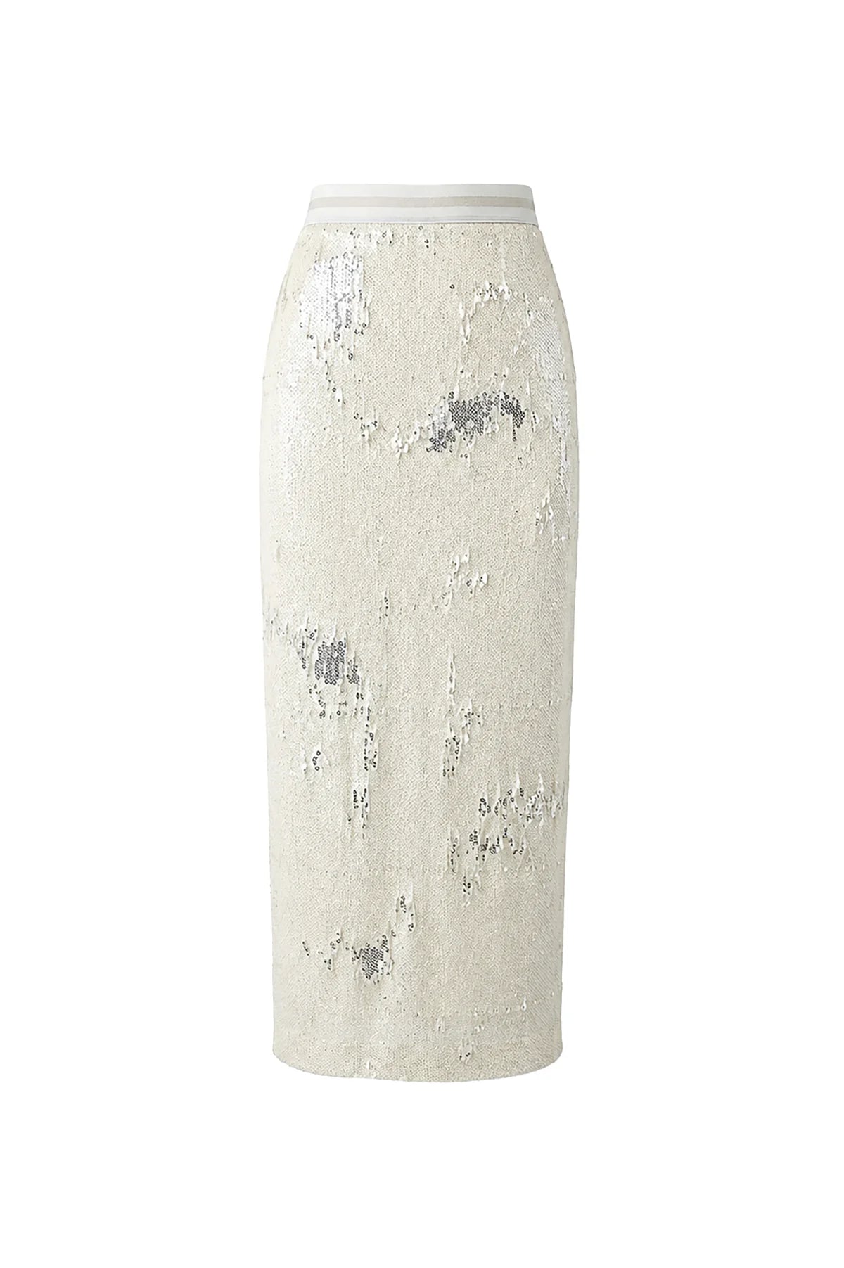 The Le Superbe Malibu Sand Liza Skirt is a high-waisted pull-on pencil skirt adorned with shiny silver sequins, shown against a plain white background.