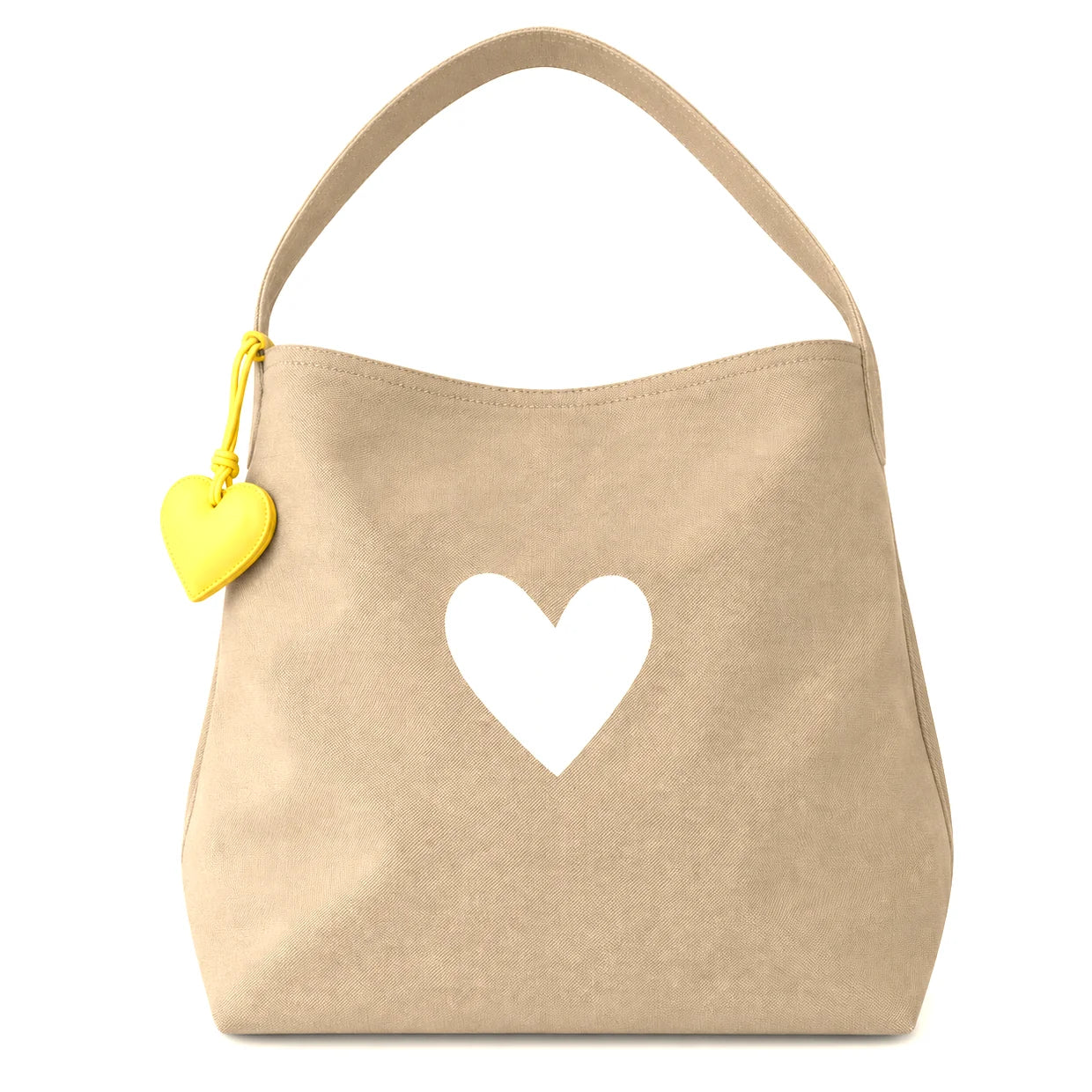 Tan hobo tote with heart cutout and yellow leather heart charm, Kerri Rosenthal Imperfect Heart for Bungalow Furniture.