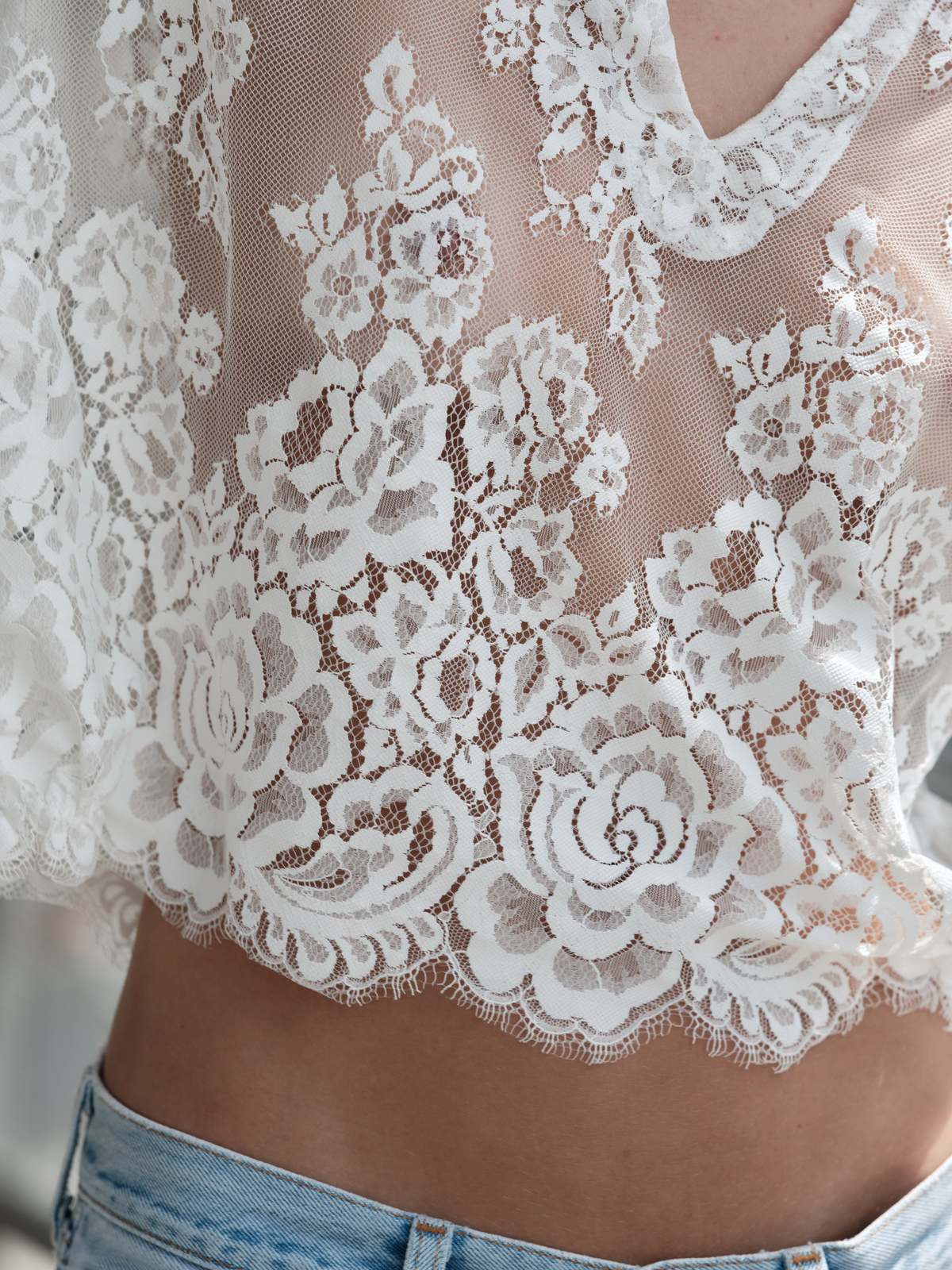 A close-up shows The Victorian Shirt by Cissa, a vintage-inspired lace top with sheer floral patterns worn over denim jeans, adding a romantic and timeless touch to the look.