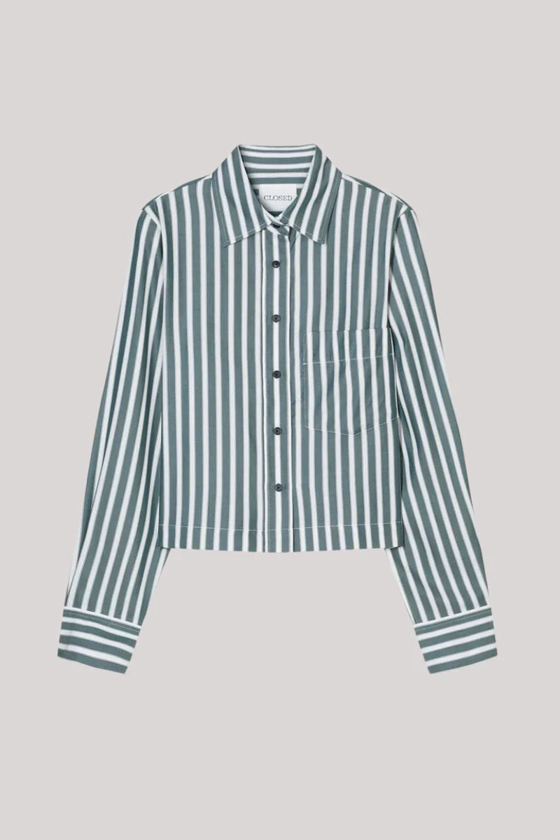 The CLOSED Cropped Classic Shirt features vertical green and white stripes, a pointed collar, single chest pocket, and long sleeves, showcased on a plain light background for a classic tailored style.