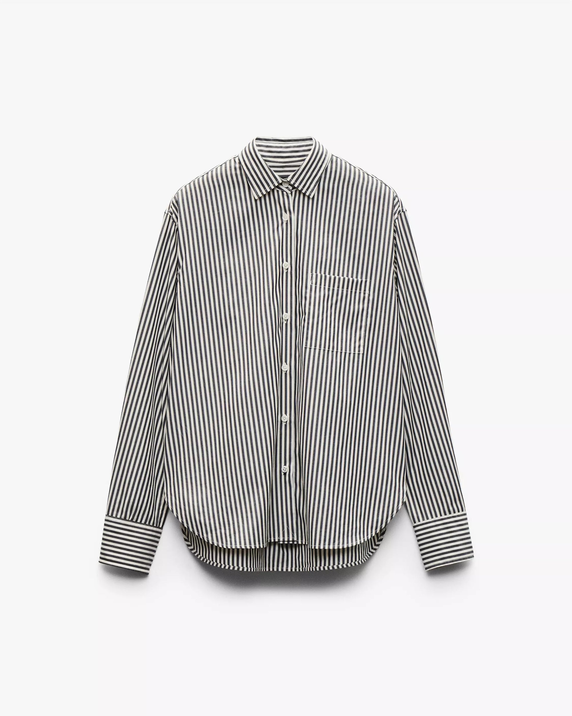 The Rag & Bone connie striped shirt is a black and white cotton poplin, long-sleeved button-up with a relaxed fit, collar, and single chest pocket, shown against a plain white background.