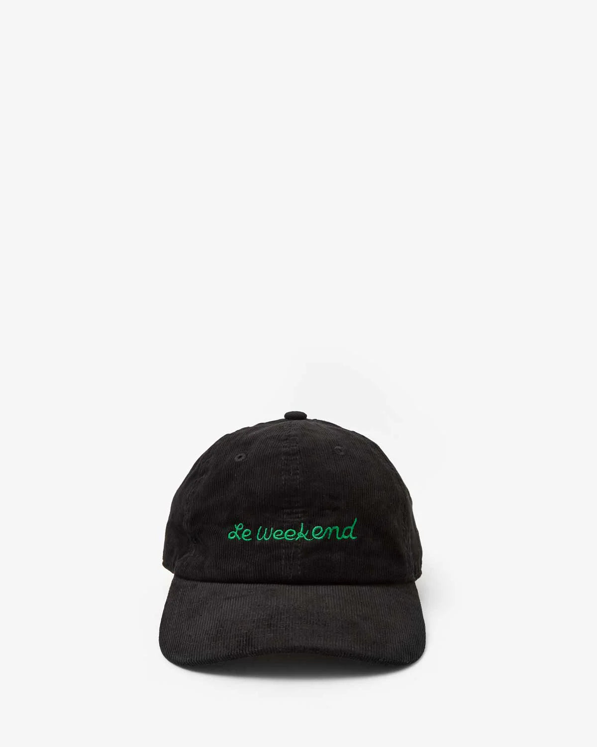 This adjustable baseball hat from Clare Vivier features an elegant &quot;Le weekend&quot; embroidery in green on the front, set against a plain white background and crafted in black.