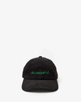 This adjustable baseball hat from Clare Vivier features an elegant "Le weekend" embroidery in green on the front, set against a plain white background and crafted in black.