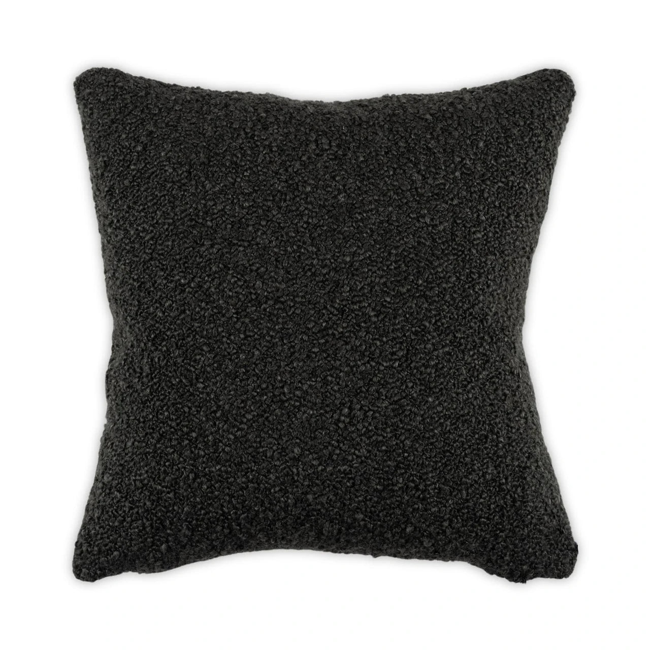 Black Moss Studio Curl Up Pillow in textured boucle fabric with knife edge, shown against a white background.